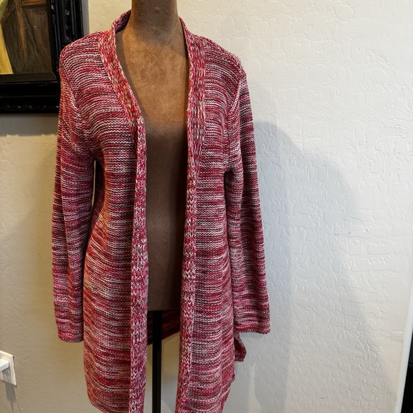 J. Jill Sweaters - J. Jill Women's Midi Red/Pink/Tan Marled Open Cardigan Med Petite
